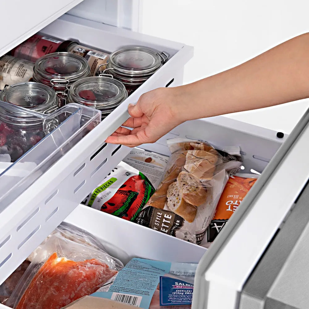 ZLINE Autograph Edition 36 in. 19.6 cu. ft. French Door Built-In Bottom Freezer Refrigerator with Water Dispenser and Ice Maker in Satin Stainless Steel with Polished Gold Accents (RBIVZ-SN-36-G) using bottom freezer drawers.