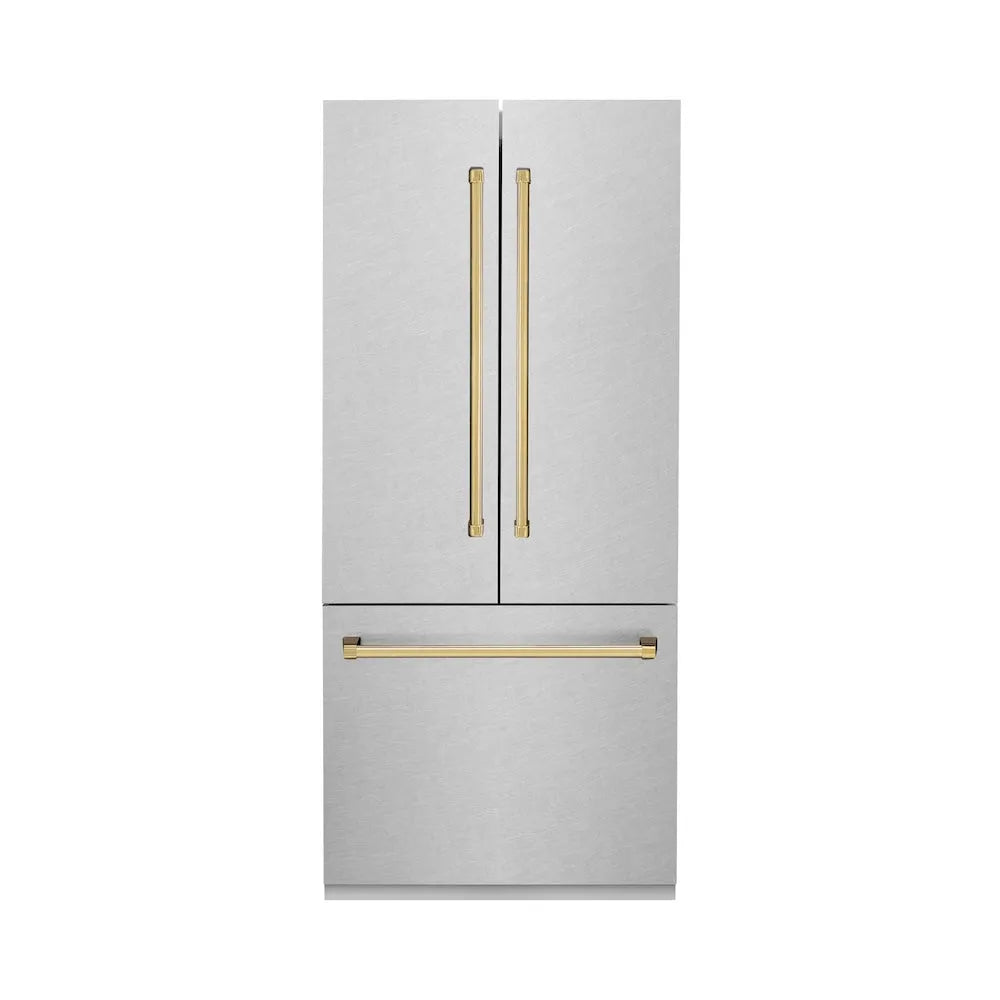 ZLINE Autograph Edition 36 in. 19.6 cu. ft. French Door Built-In Bottom Freezer Refrigerator with Water Dispenser and Ice Maker in Satin Stainless Steel with Polished Gold Accents (RBIVZ-SN-36-G) main image.
