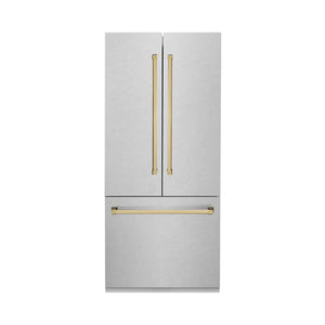 ZLINE Autograph Edition 36 in. 19.6 cu. ft. French Door Built-In Bottom Freezer Refrigerator with Water Dispenser and Ice Maker in Satin Stainless Steel with Polished Gold Accents (RBIVZ-SN-36-G) main image.