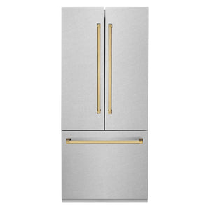 ZLINE Autograph Edition 36 in. 19.6 cu. ft. French Door Built-In Bottom Freezer Refrigerator with Water Dispenser and Ice Maker in Satin Stainless Steel with Polished Gold Accents (RBIVZ-SN-36-G) front, closed.