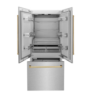 ZLINE Autograph Edition 36 in. 19.6 cu. ft. French Door Built-In Bottom Freezer Refrigerator with Water Dispenser and Ice Maker in Satin Stainless Steel with Polished Gold Accents (RBIVZ-SN-36-G) front, refrigeration compartment and bottom freezer open.