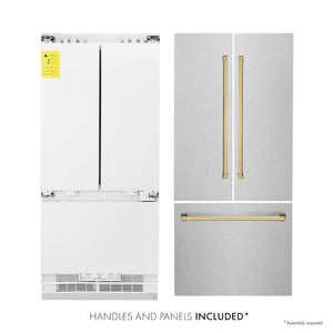 ZLINE Autograph Edition 36 in. 19.6 cu. ft. French Door Built-In Bottom Freezer Refrigerator with Water Dispenser and Ice Maker in Satin Stainless Steel with Polished Gold Accents (RBIVZ-SN-36-G) front. Next to panels and handles.