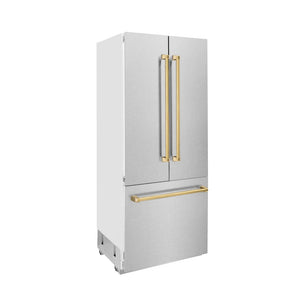 ZLINE Autograph Edition 36 in. 19.6 cu. ft. French Door Built-In Bottom Freezer Refrigerator with Water Dispenser and Ice Maker in Satin Stainless Steel with Polished Gold Accents (RBIVZ-SN-36-G) side.