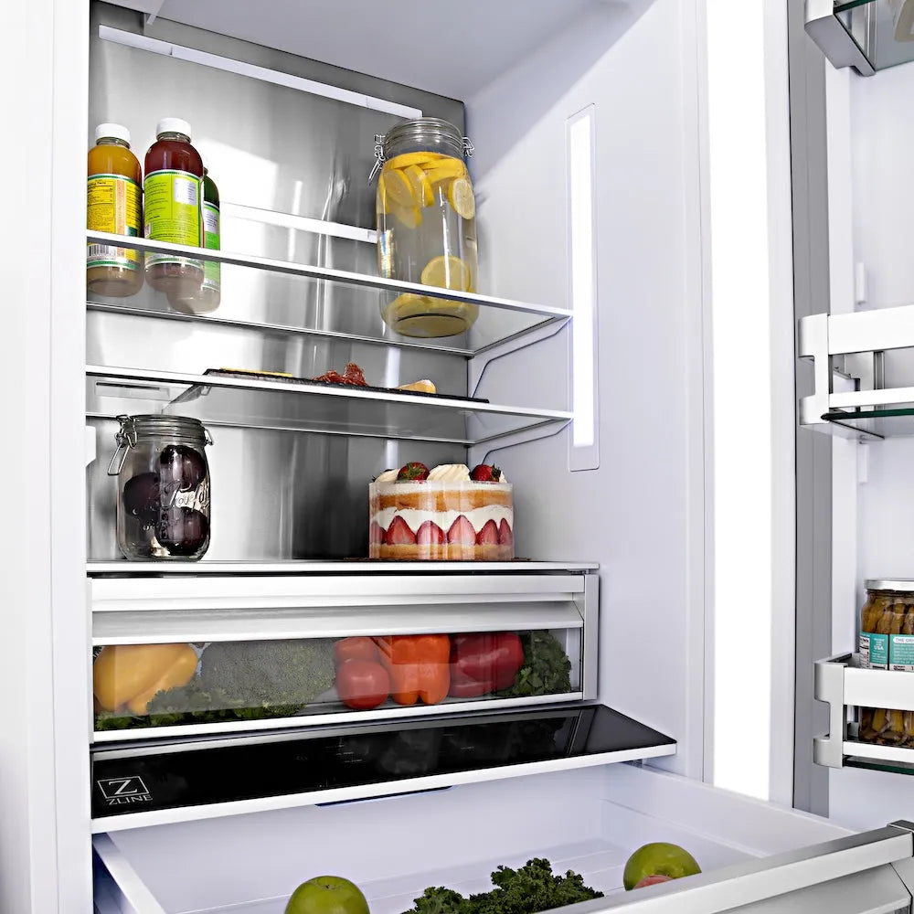 ZLINE Autograph Edition 36 in. 19.6 cu. ft. French Door Built-In Bottom Freezer Refrigerator with Water Dispenser and Ice Maker in Satin Stainless Steel with Matte Black Accents (RBIVZ-SN-36-MB) food on shelves in refrigeration compartment.
