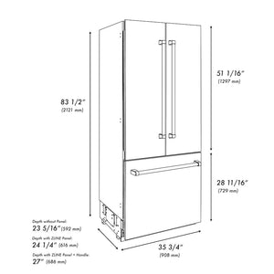 ZLINE Autograph Edition 36 in. 19.6 cu. ft. French Door Built-In Bottom Freezer Refrigerator with Water Dispenser and Ice Maker in Satin Stainless Steel with Matte Black Accents (RBIVZ-SN-36-MB) dimensional diagram.