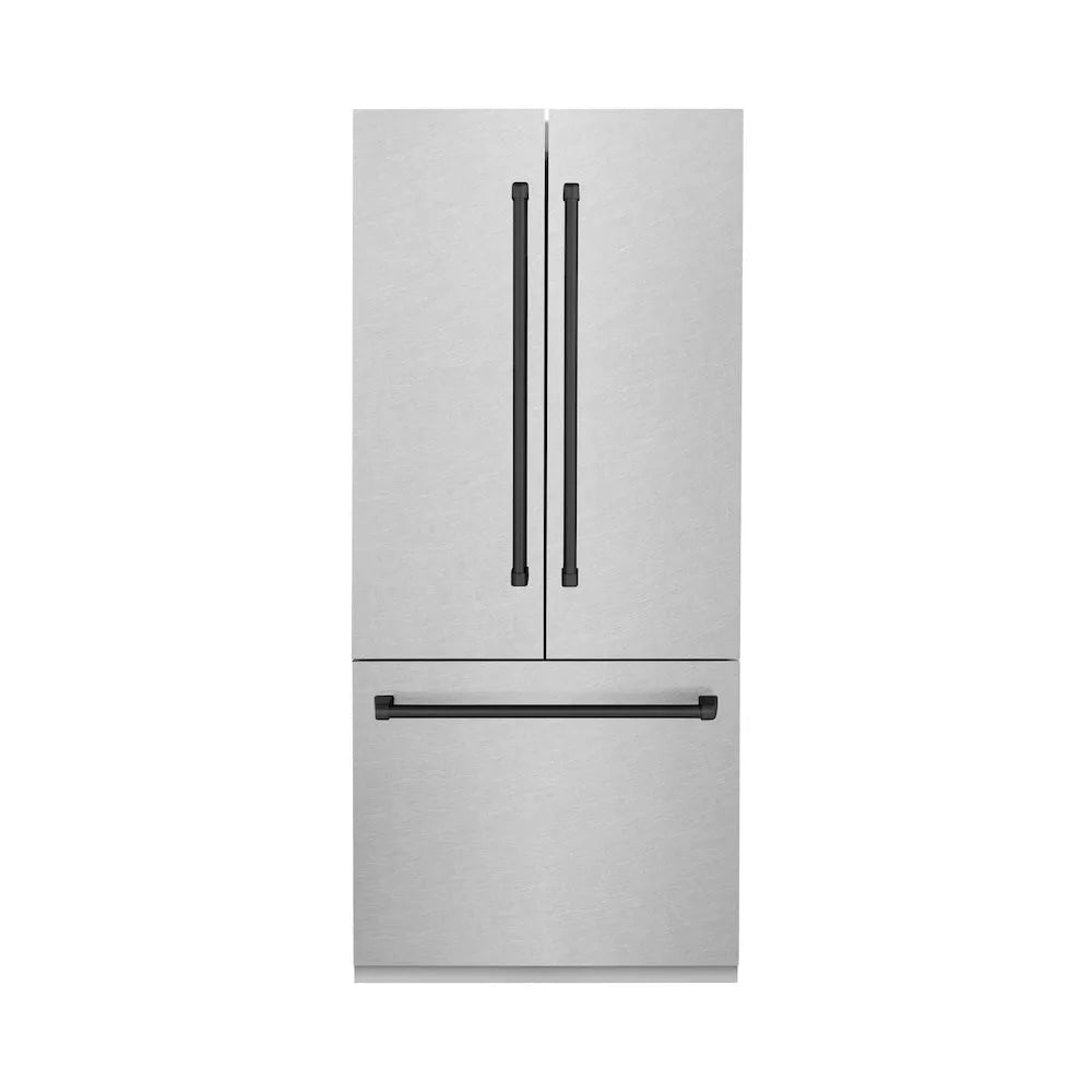 ZLINE Autograph Edition 36 in. 19.6 cu. ft. French Door Built-In Bottom Freezer Refrigerator with Water Dispenser and Ice Maker in Satin Stainless Steel with Matte Black Accents (RBIVZ-SN-36-MB) main image.