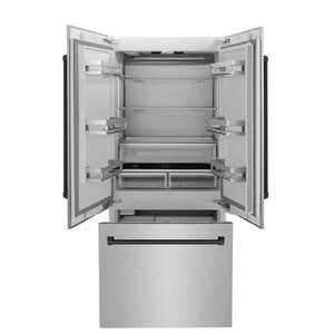 ZLINE Autograph Edition 36 in. 19.6 cu. ft. French Door Built-In Bottom Freezer Refrigerator with Water Dispenser and Ice Maker in Satin Stainless Steel with Matte Black Accents (RBIVZ-SN-36-MB) front, refrigeration compartment and bottom freezer open.
