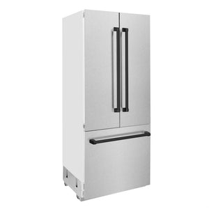 ZLINE Autograph Edition 36 in. 19.6 cu. ft. French Door Built-In Bottom Freezer Refrigerator with Water Dispenser and Ice Maker in Satin Stainless Steel with Matte Black Accents (RBIVZ-SN-36-MB) side, closed.
