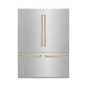 ZLINE Autograph Edition 60 in. 32.2 cu. ft. French Door Built-In Bottom Freezer Refrigerator with Water Dispenser and Ice Maker in Satin Stainless Steel with Champagne Bronze Accents (RBIVZ-SN-60-CB) front.