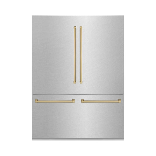 ZLINE Autograph Edition 60 in. 32.2 cu. ft. French Door Built-In Bottom Freezer Refrigerator with Water Dispenser and Ice Maker in Satin Stainless Steel with Champagne Bronze Accents (RBIVZ-SN-60-CB) front.