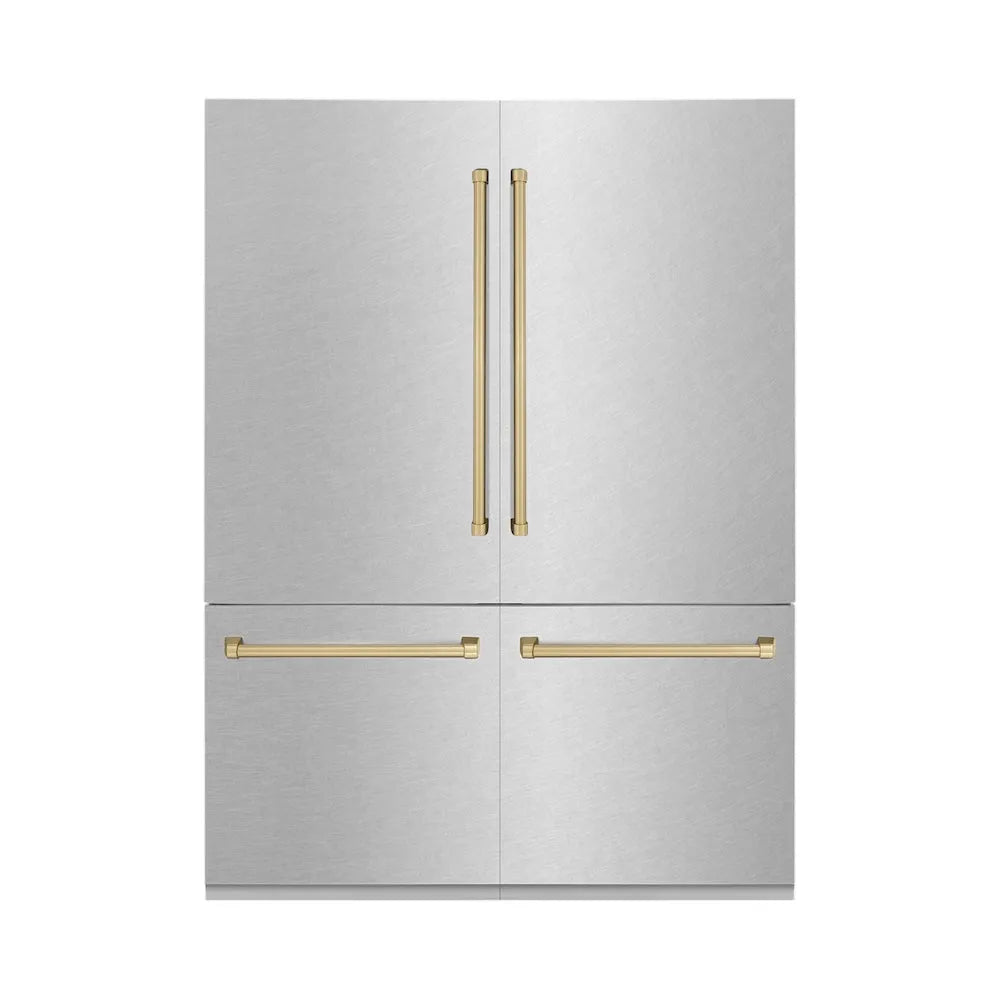 ZLINE Autograph Edition 60 in. 32.2 cu. ft. French Door Built-In Bottom Freezer Refrigerator with Water Dispenser and Ice Maker in Satin Stainless Steel with Champagne Bronze Accents (RBIVZ-SN-60-CB) main image.
