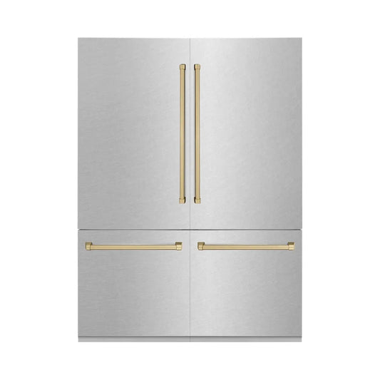 ZLINE Autograph Edition 60 in. 32.2 cu. ft. French Door Built-In Bottom Freezer Refrigerator with Water Dispenser and Ice Maker in Satin Stainless Steel with Champagne Bronze Accents (RBIVZ-SN-60-CB) main image.