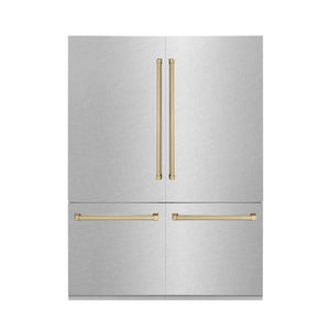 ZLINE Autograph Edition 60 in. 32.2 cu. ft. French Door Built-In Bottom Freezer Refrigerator with Water Dispenser and Ice Maker in Satin Stainless Steel with Champagne Bronze Accents (RBIVZ-SN-60-CB) front, closed.