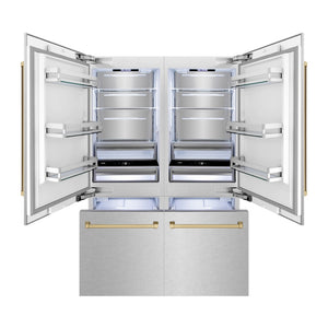 ZLINE Autograph Edition 60 in. 32.2 cu. ft. French Door Built-In Bottom Freezer Refrigerator with Water Dispenser and Ice Maker in Satin Stainless Steel with Champagne Bronze Accents (RBIVZ-SN-60-CB) front, refrigeration compartment and bottom freezer drawers open with lights on.