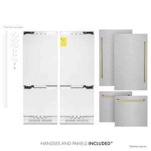 ZLINE Autograph Edition 60 in. 32.2 cu. ft. French Door Built-In Bottom Freezer Refrigerator with Water Dispenser and Ice Maker in Satin Stainless Steel with Champagne Bronze Accents (RBIVZ-SN-60-CB) front. Next to panels and handles.