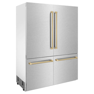 ZLINE Autograph Edition 60 in. 32.2 cu. ft. French Door Built-In Bottom Freezer Refrigerator with Water Dispenser and Ice Maker in Satin Stainless Steel with Champagne Bronze Accents (RBIVZ-SN-60-CB) side, closed.