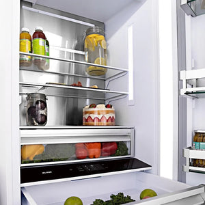 ZLINE Autograph Edition 60 in. 32.2 cu. ft. French Door Built-In Bottom Freezer Refrigerator with Water Dispenser and Ice Maker in Satin Stainless Steel with Polished Gold Accents (RBIVZ-SN-60-G) food on shelves in refrigeration compartment.