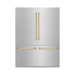 ZLINE Autograph Edition 60 in. 32.2 cu. ft. French Door Built-In Bottom Freezer Refrigerator with Water Dispenser and Ice Maker in Satin Stainless Steel with Polished Gold Accents (RBIVZ-SN-60-G) front.