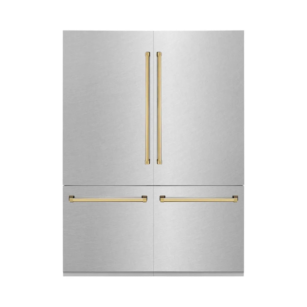 ZLINE Autograph Edition 60 in. 32.2 cu. ft. French Door Built-In Bottom Freezer Refrigerator with Water Dispenser and Ice Maker in Satin Stainless Steel with Polished Gold Accents (RBIVZ-SN-60-G) main image.