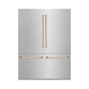 ZLINE Autograph Edition 60 in. 32.2 cu. ft. French Door Built-In Bottom Freezer Refrigerator with Water Dispenser and Ice Maker in Satin Stainless Steel with Polished Gold Accents (RBIVZ-SN-60-G) main image.