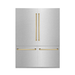 ZLINE Autograph Edition 60 in. 32.2 cu. ft. French Door Built-In Bottom Freezer Refrigerator with Water Dispenser and Ice Maker in Satin Stainless Steel with Polished Gold Accents (RBIVZ-SN-60-G) front, closed.