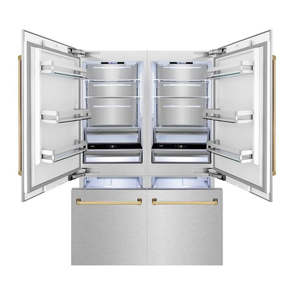 ZLINE Autograph Edition 60 in. 32.2 cu. ft. French Door Built-In Bottom Freezer Refrigerator with Water Dispenser and Ice Maker in Satin Stainless Steel with Polished Gold Accents (RBIVZ-SN-60-G) front, refrigeration compartment and bottom freezer drawers open with lights on.