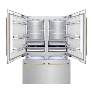 ZLINE Autograph Edition 60 in. 32.2 cu. ft. French Door Built-In Bottom Freezer Refrigerator with Water Dispenser and Ice Maker in Satin Stainless Steel with Polished Gold Accents (RBIVZ-SN-60-G) front, refrigeration compartment and bottom freezer drawers open with lights on.