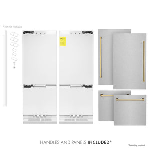 ZLINE Autograph Edition 60 in. 32.2 cu. ft. French Door Built-In Bottom Freezer Refrigerator with Water Dispenser and Ice Maker in Satin Stainless Steel with Polished Gold Accents (RBIVZ-SN-60-G) front. Next to panels and handles.