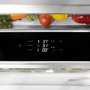 ZLINE Autograph Edition 60 in. 32.2 cu. ft. French Door Built-In Bottom Freezer Refrigerator with Water Dispenser and Ice Maker in Satin Stainless Steel with Matte Black Accents (RBIVZ-SN-60-MB) control panel and display.