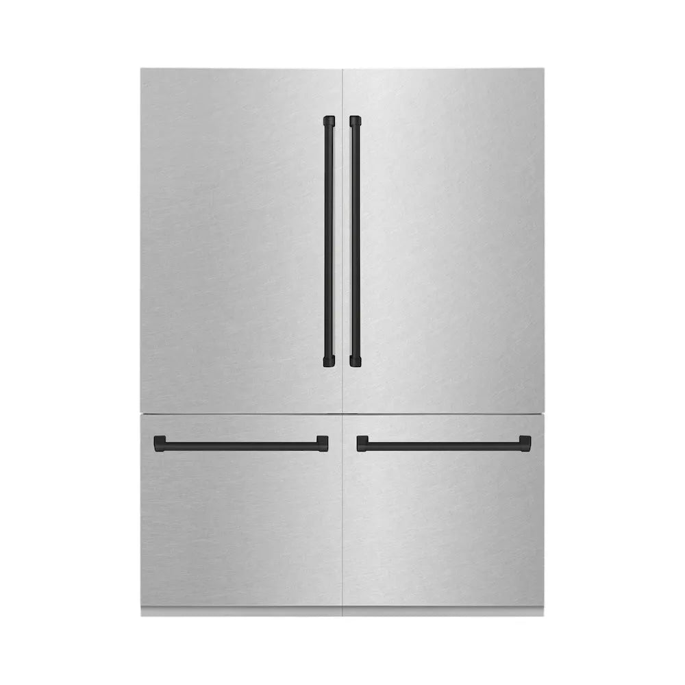 ZLINE Autograph Edition 60 in. 32.2 cu. ft. French Door Built-In Bottom Freezer Refrigerator with Water Dispenser and Ice Maker in Satin Stainless Steel with Matte Black Accents (RBIVZ-SN-60-MB) main image.