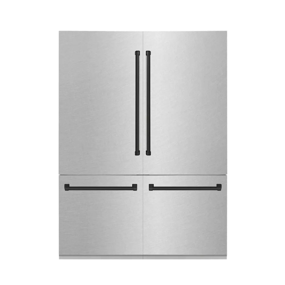 ZLINE Autograph Edition 60 in. 32.2 cu. ft. French Door Built-In Bottom Freezer Refrigerator with Water Dispenser and Ice Maker in Satin Stainless Steel with Matte Black Accents (RBIVZ-SN-60-MB) front, closed.