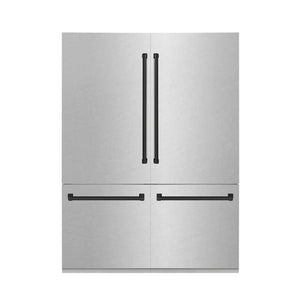 ZLINE Autograph Edition 60 in. 32.2 cu. ft. French Door Built-In Bottom Freezer Refrigerator with Water Dispenser and Ice Maker in Satin Stainless Steel with Matte Black Accents (RBIVZ-SN-60-MB) front, closed.