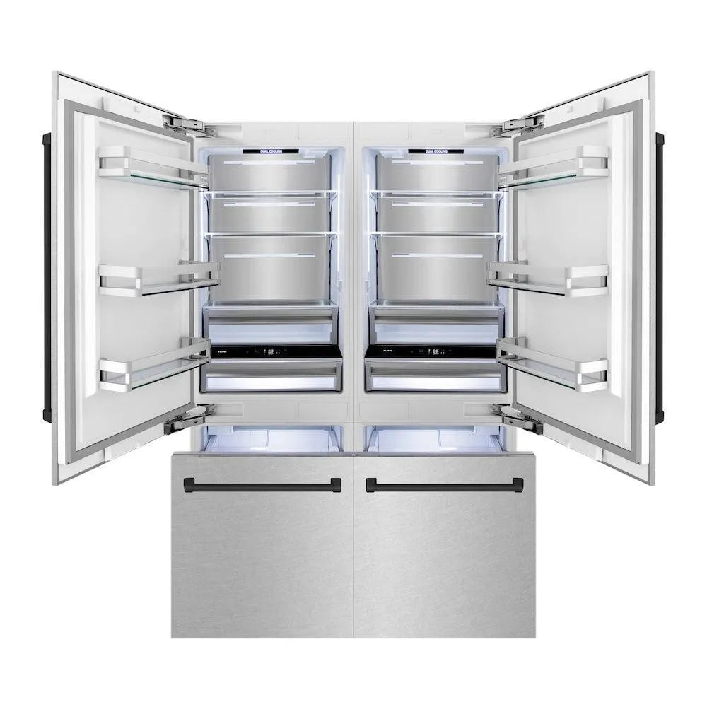 ZLINE Autograph Edition 60 in. 32.2 cu. ft. French Door Built-In Bottom Freezer Refrigerator with Water Dispenser and Ice Maker in Satin Stainless Steel with Matte Black Accents (RBIVZ-SN-60-MB) front, refrigeration compartment and bottom freezer drawers open with lights on.