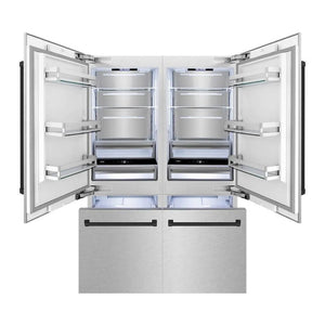 ZLINE Autograph Edition 60 in. 32.2 cu. ft. French Door Built-In Bottom Freezer Refrigerator with Water Dispenser and Ice Maker in Satin Stainless Steel with Matte Black Accents (RBIVZ-SN-60-MB) front, refrigeration compartment and bottom freezer drawers open with lights on.