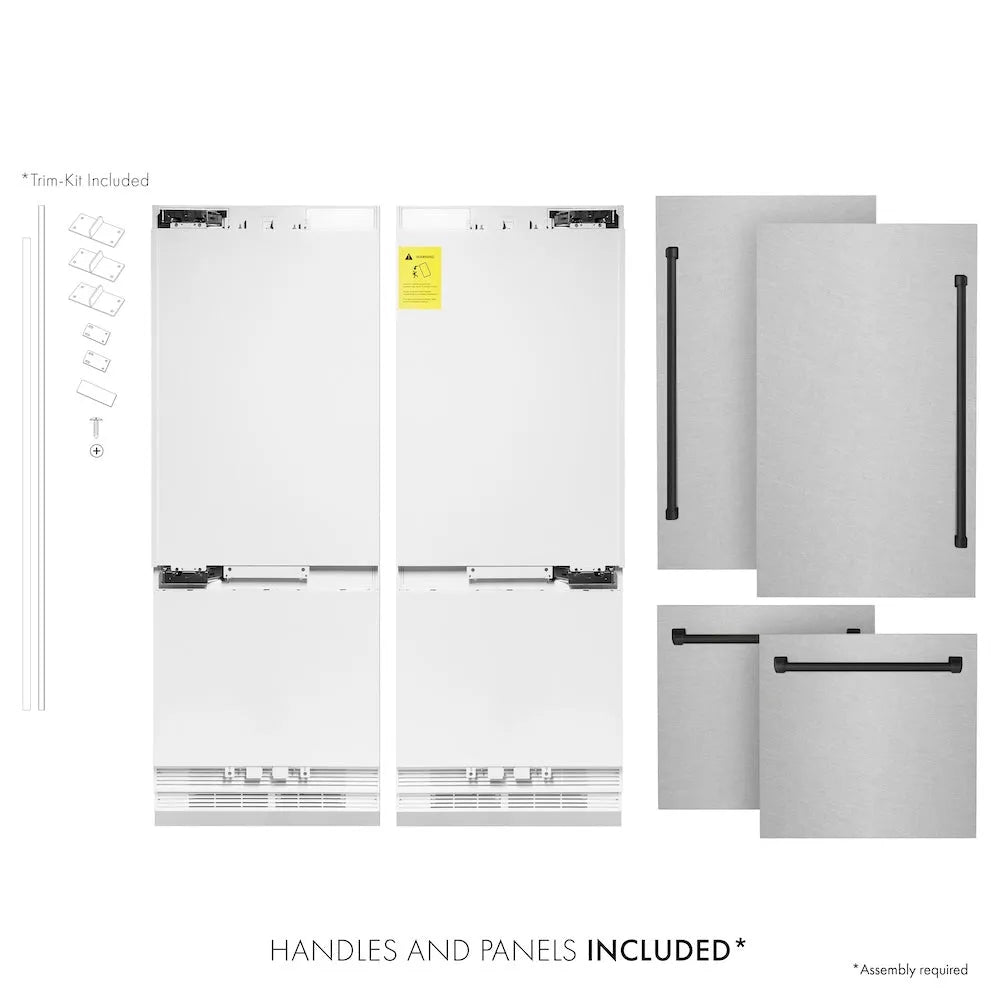 ZLINE Autograph Edition 60 in. 32.2 cu. ft. French Door Built-In Bottom Freezer Refrigerator with Water Dispenser and Ice Maker in Satin Stainless Steel with Matte Black Accents (RBIVZ-SN-60-MB) front. Next to panels and handles.
