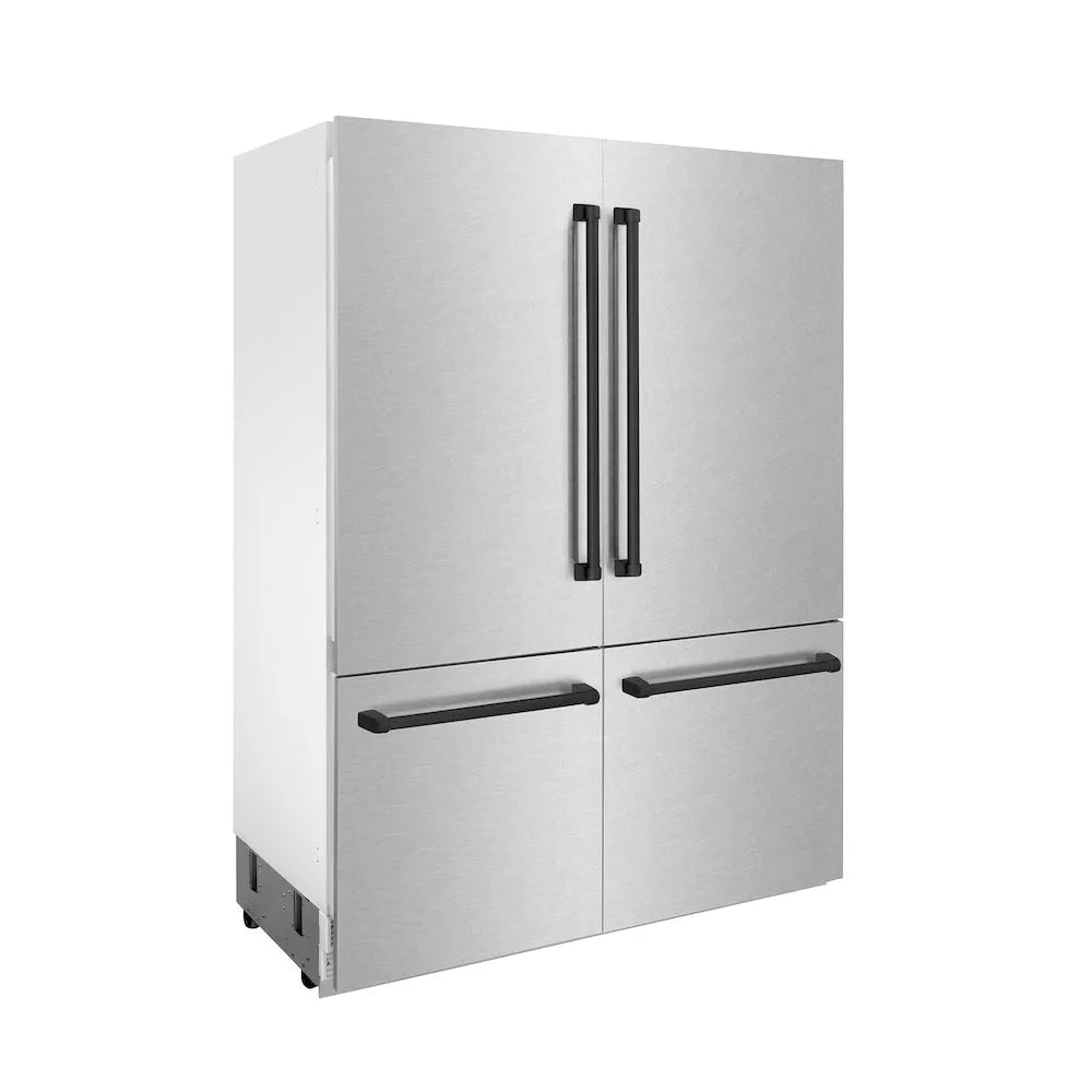 ZLINE Autograph Edition 60 in. 32.2 cu. ft. French Door Built-In Bottom Freezer Refrigerator with Water Dispenser and Ice Maker in Satin Stainless Steel with Matte Black Accents (RBIVZ-SN-60-MB) side.