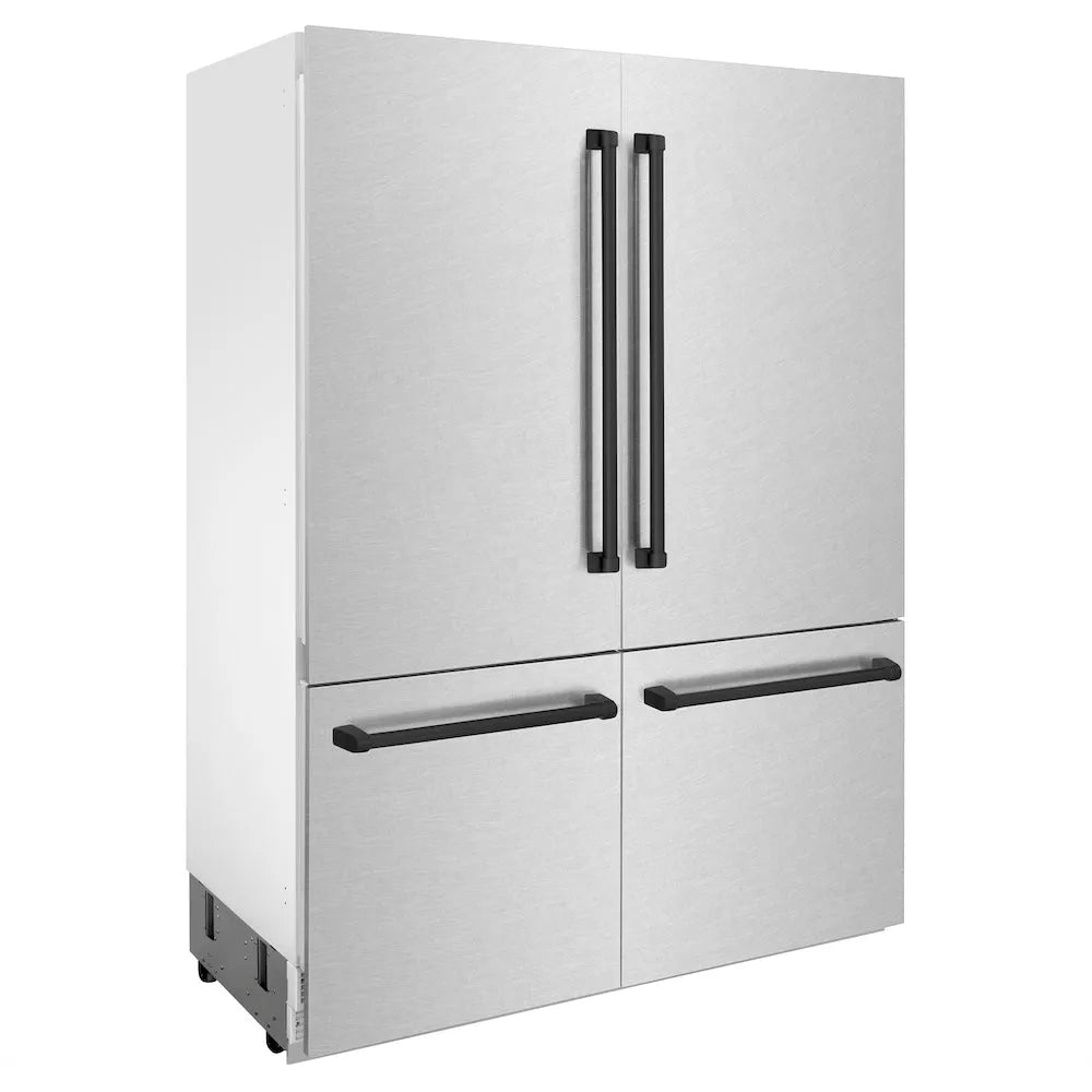 ZLINE Autograph Edition 60 in. 32.2 cu. ft. French Door Built-In Bottom Freezer Refrigerator with Water Dispenser and Ice Maker in Satin Stainless Steel with Matte Black Accents (RBIVZ-SN-60-MB) side, closed.