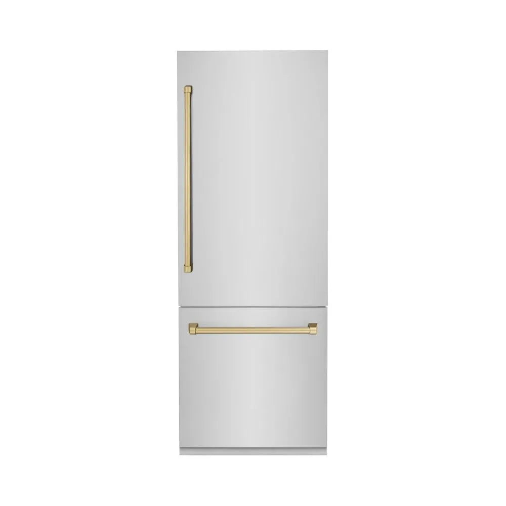 ZLINE Autograph Edition 30 in. 16.1 cu. ft. Built-In Bottom Freezer Refrigerator with Water Dispenser and Ice Maker in Stainless Steel with Champagne Bronze Accents (RBIVZ-304-30-CB) main image.