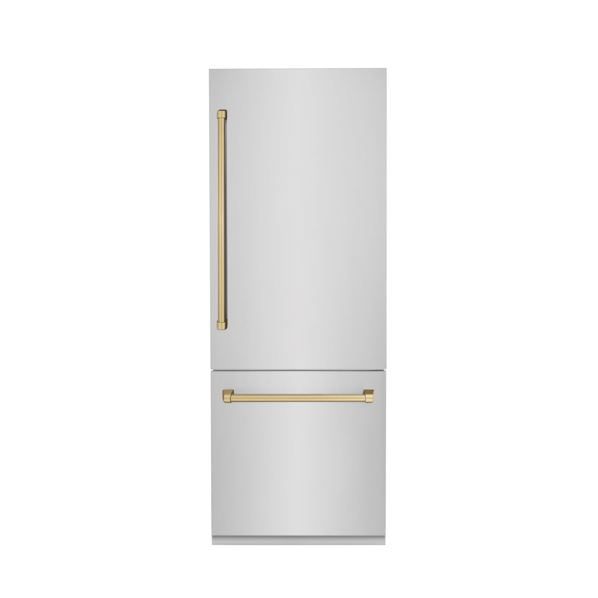 ZLINE Autograph Edition 30 in. 16.1 cu. ft. Built-in 2-Door Bottom Freezer Refrigerator with Internal Water and Ice Dispenser in Stainless Steel with Champagne Bronze Accents (RBIVZ-304-30-CB) front, closed.