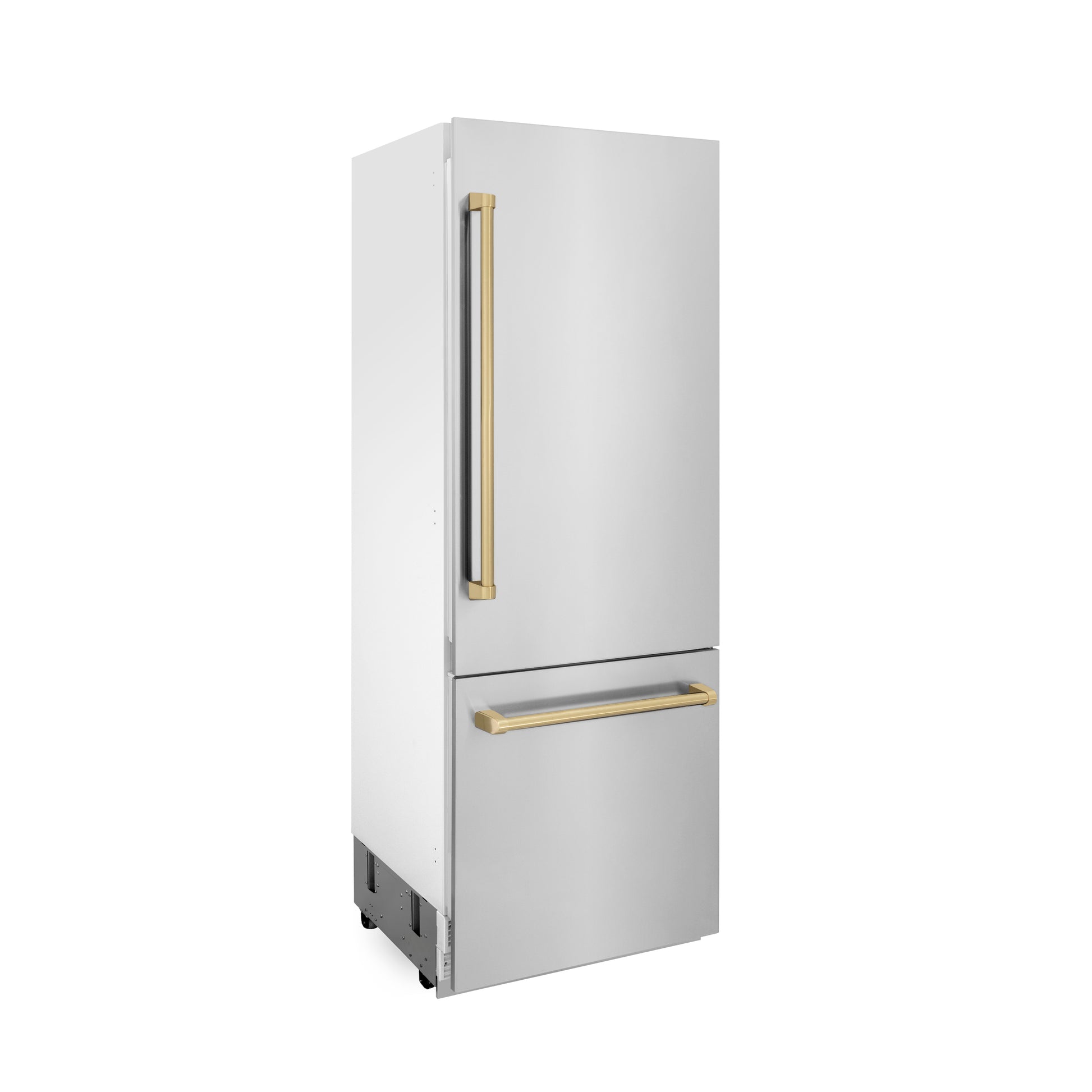 ZLINE Autograph Edition 30 in. 16.1 cu. ft. Built-in 2-Door Bottom Freezer Refrigerator with Internal Water and Ice Dispenser in Stainless Steel with Champagne Bronze Accents (RBIVZ-304-30-CB) side.