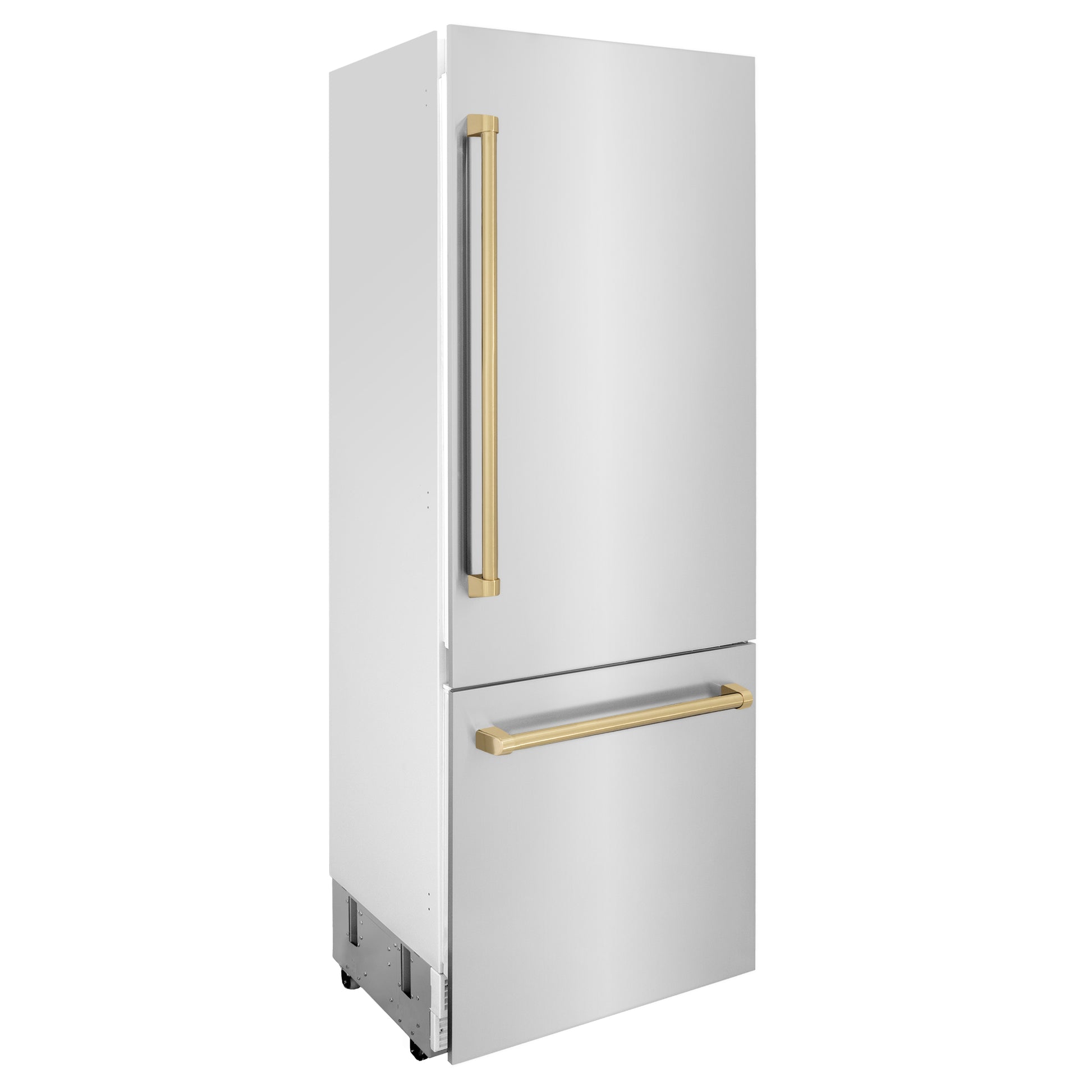 ZLINE Autograph Edition 30 in. 16.1 cu. ft. Built-in 2-Door Bottom Freezer Refrigerator with Internal Water and Ice Dispenser in Stainless Steel with Champagne Bronze Accents (RBIVZ-304-30-CB) side, closed.