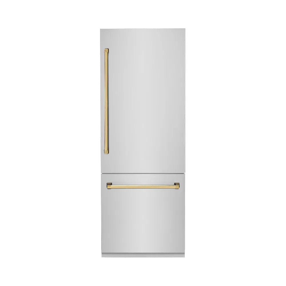 ZLINE Autograph Edition 30 in. 16.1 cu. ft. Built-In Bottom Freezer Refrigerator with Water Dispenser and Ice Maker in Stainless Steel with Polished Gold Accents (RBIVZ-304-30-G) main image.