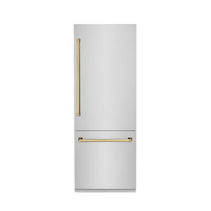 ZLINE Autograph Edition 30 in. 16.1 cu. ft. Built-in 2-Door Bottom Freezer Refrigerator with Internal Water and Ice Dispenser in Stainless Steel with Polished Gold Accents (RBIVZ-304-30-G) front, closed.