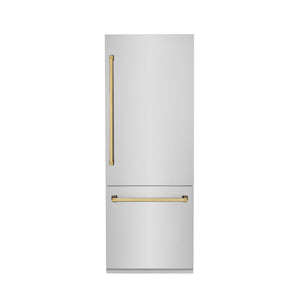 ZLINE Autograph Edition 30 in. 16.1 cu. ft. Built-in 2-Door Bottom Freezer Refrigerator with Internal Water and Ice Dispenser in Stainless Steel with Polished Gold Accents (RBIVZ-304-30-G)