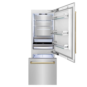 ZLINE Autograph Edition 30 in. 16.1 cu. ft. Built-In Bottom Freezer Refrigerator with Water Dispenser and Ice Maker in Stainless Steel with Polished Gold Accents (RBIVZ-304-30-G) front, open.