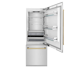 ZLINE Autograph Edition 30 in. 16.1 cu. ft. Built-In Bottom Freezer Refrigerator with Water Dispenser and Ice Maker in Stainless Steel with Polished Gold Accents (RBIVZ-304-30-G) front, open.