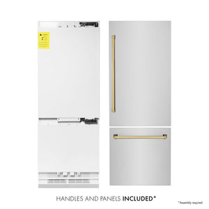 ZLINE Autograph Edition 30 in. 16.1 cu. ft. Built-In Bottom Freezer Refrigerator with Water Dispenser and Ice Maker in Stainless Steel with Polished Gold Accents (RBIVZ-304-30-G) front. Next to panels and handles.