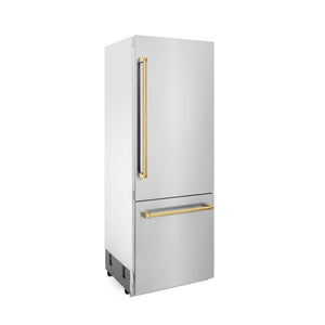 ZLINE Autograph Edition 30 in. 16.1 cu. ft. Built-in 2-Door Bottom Freezer Refrigerator with Internal Water and Ice Dispenser in Stainless Steel with Polished Gold Accents (RBIVZ-304-30-G) side.