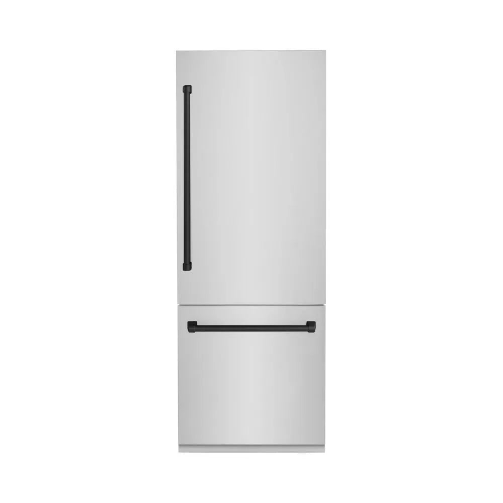 ZLINE Autograph Edition 30 in. 16.1 cu. ft. Built-In Bottom Freezer Refrigerator with Water Dispenser and Ice Maker in Stainless Steel with Matte Black Accents (RBIVZ-304-30-MB) main image.