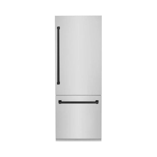 ZLINE Autograph Edition 30 in. 16.1 cu. ft. Built-In Bottom Freezer Refrigerator with Water Dispenser and Ice Maker in Stainless Steel with Matte Black Accents (RBIVZ-304-30-MB) main image.